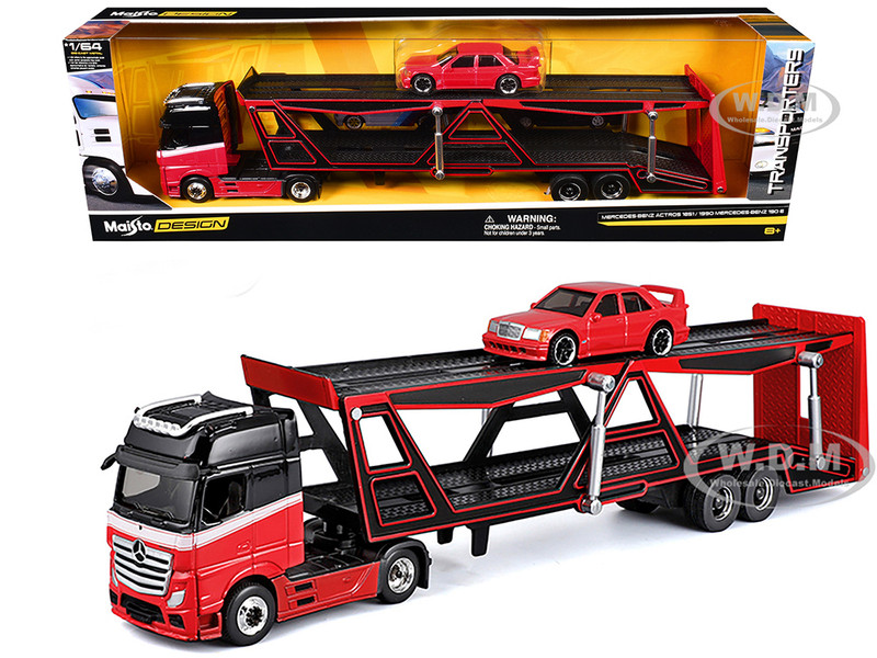 Mercedes Benz Actros Open Car Hauler Red and Black with White Stripes and 1990 Mercedes Benz 190E Red Transporters Series 1/64 Diecast Models Maisto 11454RD