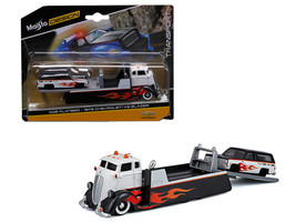COE Flatbed Truck White and Black with Flame Graphics and 1979 Chevrolet K5 Blazer Black and White with Flame Graphics Elite Transport Series 1/64 Diecast Models Maisto 15055-25A
