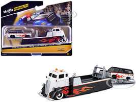 COE Flatbed Truck White and Black with Flame Graphics and 1979 Chevrolet K5 Blazer Black and White with Flame Graphics Elite Transport Series 1/64 Diecast Models Maisto 15055-25A