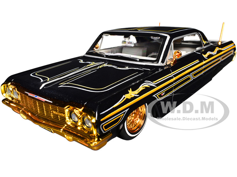 1964 Chevrolet Impala SS Lowrider Black Metallic with Gold Graphics and Gray Interior Lowriders Maisto Design Series 1/26 Diecast Models Maisto 32547-BK