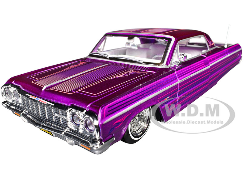 1964 Chevrolet Impala SS Lowrider Candy Purple with Graphics and White Interior Lowriders Maisto Design Series 1/26 Diecast Model Car Maisto 32547-PUR