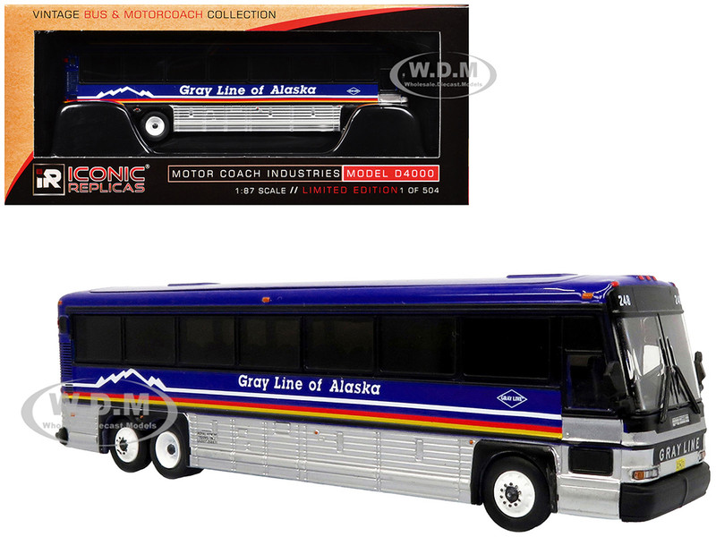 2001 MCI D4000 Coach Bus Gray Line of Alaska Dark Blue with Stripes Vintage Bus & Motorcoach Collection Limited Edition to 504 pieces Worldwide 1/87 (HO) Diecast Model Iconic Replicas 87-0621