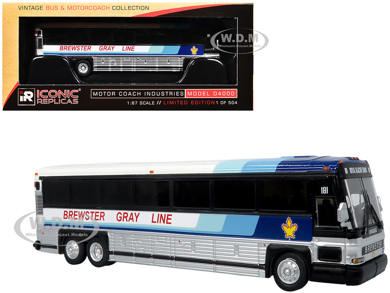2001 MCI D4000 Coach Bus Brewster Gray Line White with Blue Stripes Vintage Bus & Motorcoach Collection Limited Edition to 504 pieces Worldwide 1/87 (HO) Diecast Model Iconic Replicas 87-0622