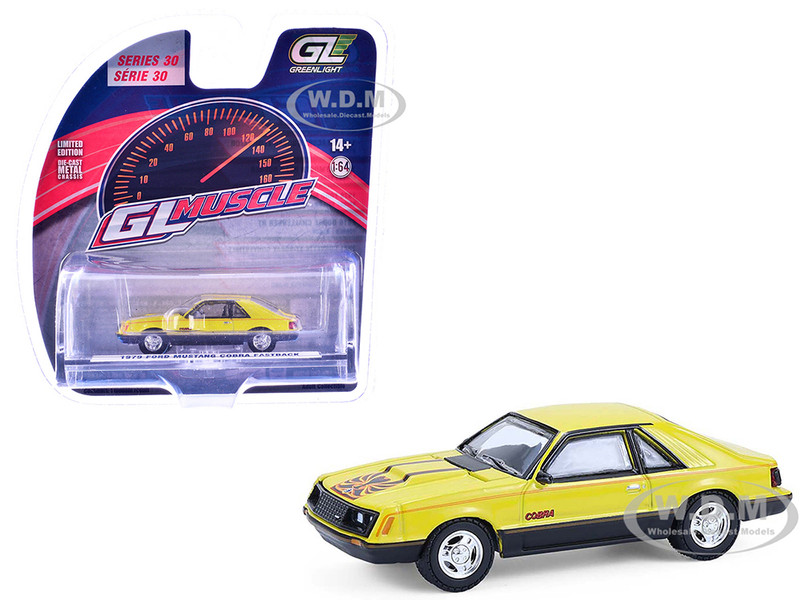 1979 Ford Mustang Cobra Fastback Bright Yellow with Cobra Good Graphics GreenLight Muscle Series 30 1/64 Diecast Model Car Greenlight 13370C