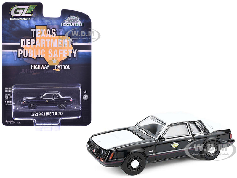 1982 Ford Mustang SSP Texas Department of Public Safety Highway Patrol Black with White Hood and Top Hobby Exclusive Series 1/64 Diecast Model Car Greenlight GL30542