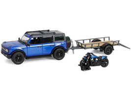 2021 Ford Bronco Black Diamond Velocity Blue Metallic with Black Top with Utility Trailer and Motorcycle Hitch & Tow Series 32 1/64 Diecast Model Cars Greenlight 32320C