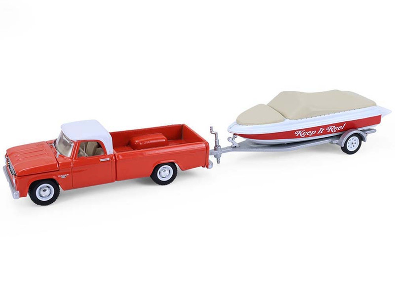 1967 Dodge D 100 Pickup Truck Red with White Top with Boat and Trailer Hitch & Tow Series 33 1/64 Diecast Model Cars Greenlight 32330A