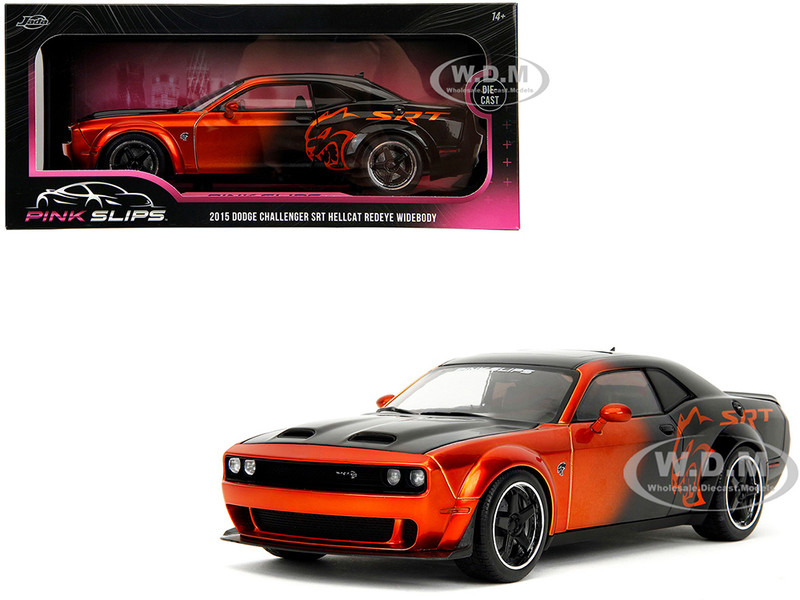 Dodge Challenger SRT Hellcat Orange Metallic and Black Pink Slips Series 1/18 Diecast Model Car Jada 35722
