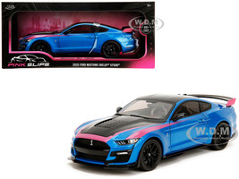 Ford Mustang Shelby GT500 Blue Metallic with Pink Stripes and Black Hood and Top Pink Slips Series 1/18 Diecast Model Car Jada 35723