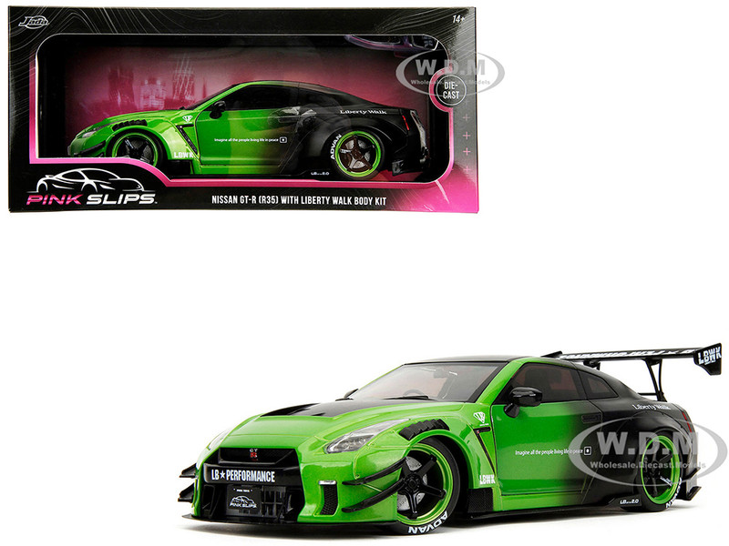 Nissan GT R R35 Liberty Walk Body Kit 2 0 RHD Right Hand Drive Green and Matt Black Pink Slips Series 1/18 Diecast Model Car Jada 35724