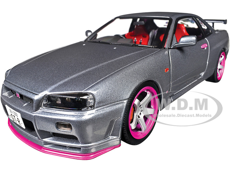 1999 Nissan Skyline GT R R34 RHD Right Hand Drive Silver Metallic with Purple Wheels 1/18 Diecast Model Car Solido S1804310