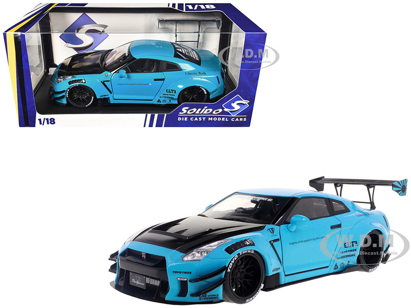 2023 Nissan GT R R35 Liberty Walk Body Kit 2 0 RHD Right Hand Drive Baby Blue with Carbon Hood 1/18 Diecast Model Car Solido S1805817