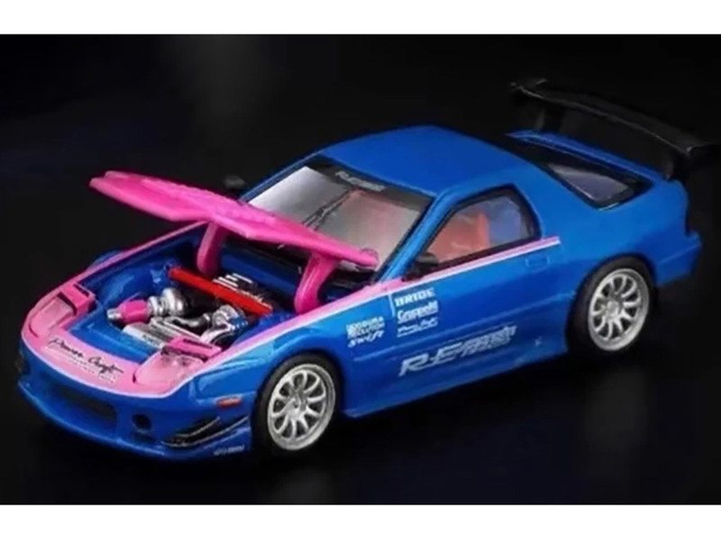 Mazda RX7 FC3S RE Amemiya RHD Right Hand Drive Blue Metallic with Pink Hood APA XPO 2025 Exclusive 1/64 Diecast Model Car Pop Race PR640396