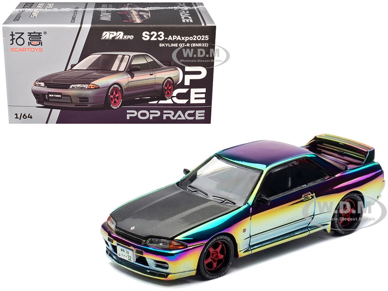 Skyline GT R BNR32 RHD Right Hand Drive Chameleon Chrome with Carbon Hood APA XPO 2025 Exclusive 1/64 Diecast Model Car Pop Race PR640426