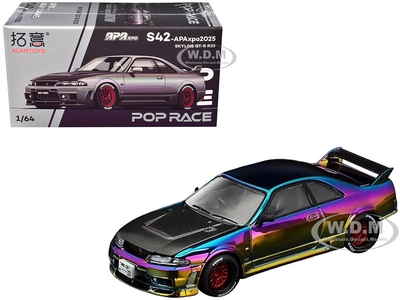 Skyline GT R R33 RHD Right Hand Drive Chameleon Chrome with Carbon Hood APA XPO 2025 Exclusive 1/64 Diecast Model Car Pop Race PR640427