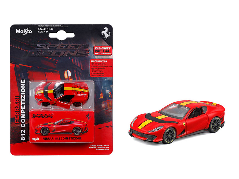 Ferrari 812 Competizione Red with Yellow Stripe Speed Icons Series 1/64 Diecast Model Car Maisto 15709RD