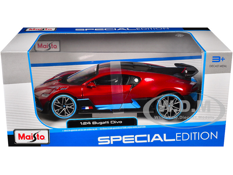 BUGATTI DIVO RED W/CARBON & BLUE ACCENTS 1/24 DIECAST MODEL CAR BY