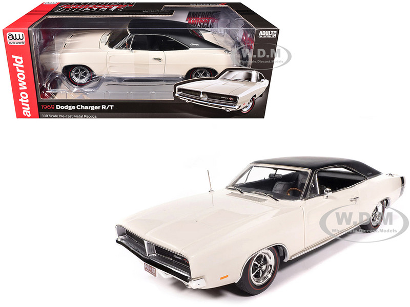 1969 Dodge Charger R T W1 White with Black Vinyl Top and Black Tail Stripe American Muscle Series 1/18 Diecast Model Car Auto World AMM1352