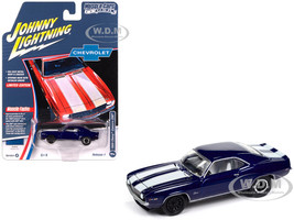 1969 Chevrolet Camaro Z28 Blue Metallic with White Stripes and Interior Muscle Cars USA Series 1/64 Diecast Model Car Johnny Lightning JLMC034-JLSP381A