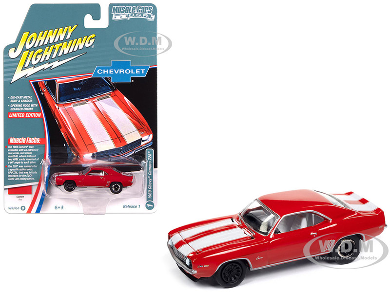 1969 Chevrolet Camaro Z28 Red with White Stripes and Interior Muscle Cars USA Series 1/64 Diecast Model Car Johnny Lightning JLMC034-JLSP381B