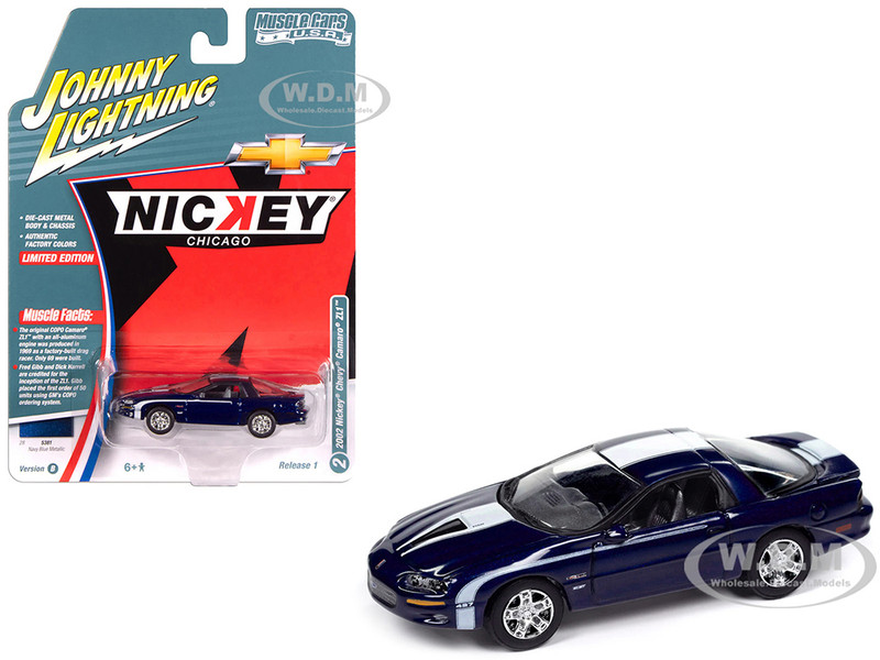 2002 Chevrolet Nickey Camaro ZL1 Navy Blue Metallic with White Stripes Muscle Cars USA Series 1/64 Diecast Model Car Johnny Lightning JLMC034-JLSP382B
