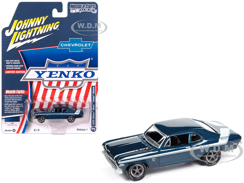 1970 Chevrolet Nova Yenko Deuce Fathom Blue Metallic with White Stripes Muscle Cars USA Series 1/64 Diecast Model Car Johnny Lightning JLMC034-JLSP383A