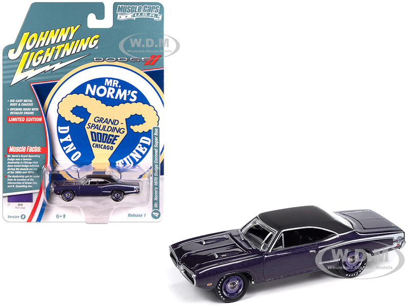 1970 Dodge Coronet Super Bee Mr Norm s Plum Crazy Metallic with Black Top and White Stripes 1/64 Diecast Model Car Johnny Lightning JLMC034-JLSP384B