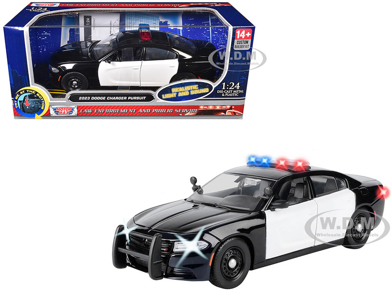 2023 Dodge Charger Pursuit Police Car Black and White with Flashing Light Bar Front and Rear Lights and 2 Sounds Builder s Kit 1/24 Diecast Model Car Motormax 79622BB-BKW