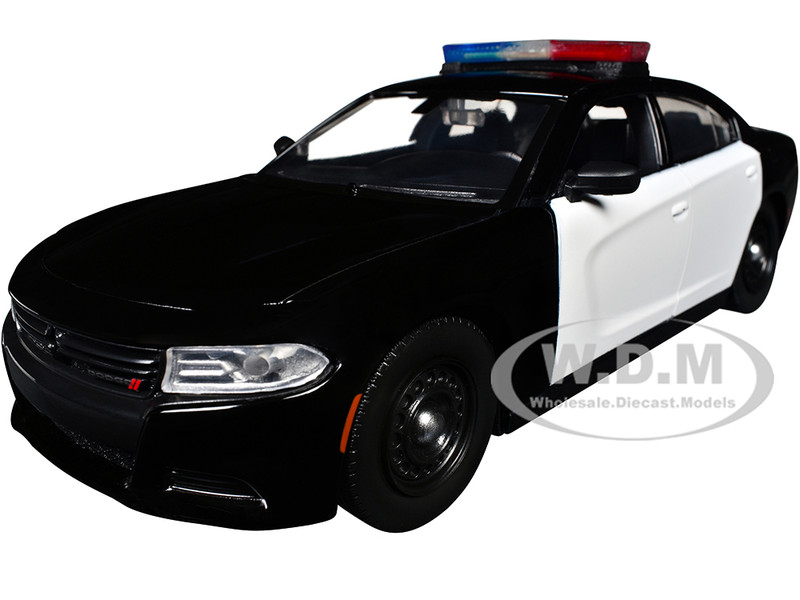 2023 Dodge Charger Pursuit Police Car Black and White with Flashing Light Bar Front and Rear Lights and 2 Sounds Builder s Kit 1/24 Diecast Model Car Motormax 79622BB-BKW