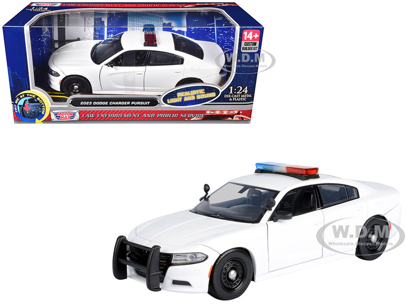 2023 Dodge Charger Pursuit Police Car Unmarked White with Flashing Light Bar Front and Rear Lights and 2 Sounds Builder s Kit 1/24 Diecast Model Car Motormax 79622BB-W