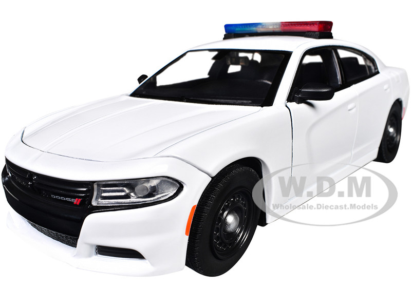 2023 Dodge Charger Pursuit Police Car Unmarked White with Flashing Light Bar Front and Rear Lights and 2 Sounds Builder s Kit 1/24 Diecast Model Car Motormax 79622BB-W