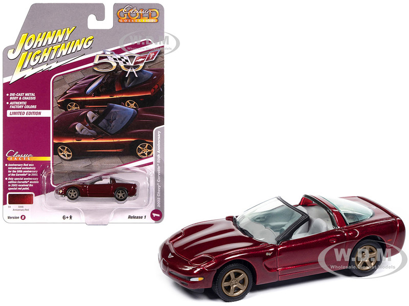 2003 Chevrolet Corvette Convertible 50th Anniversary Anniversary Red Metallic Classic Gold Collection 1/64 Diecast Model Car Johnny Lightning JLCG033-JLSP387B