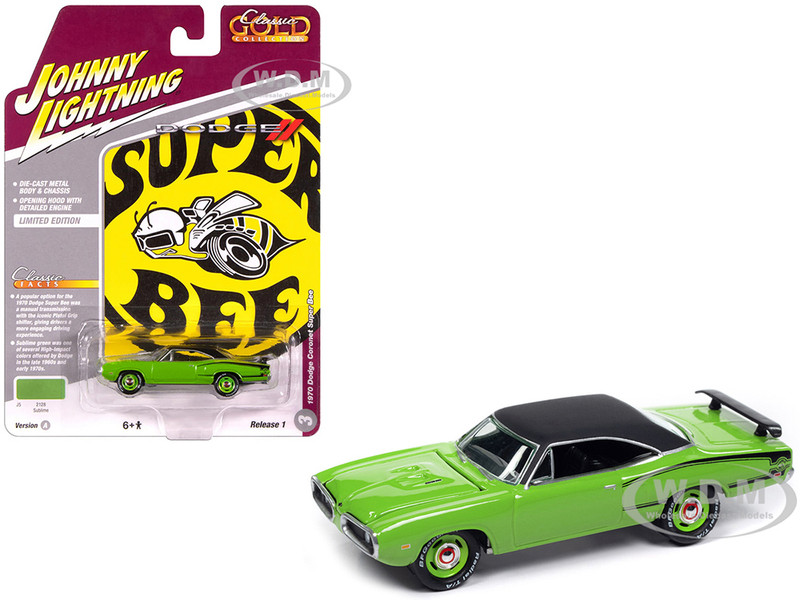 1970 Dodge Coronet Super Bee Sublime Green with Black Stripes and Top Classic Gold Collection 1/64 Diecast Model Car Johnny Lightning JLCG033-JLSP389A