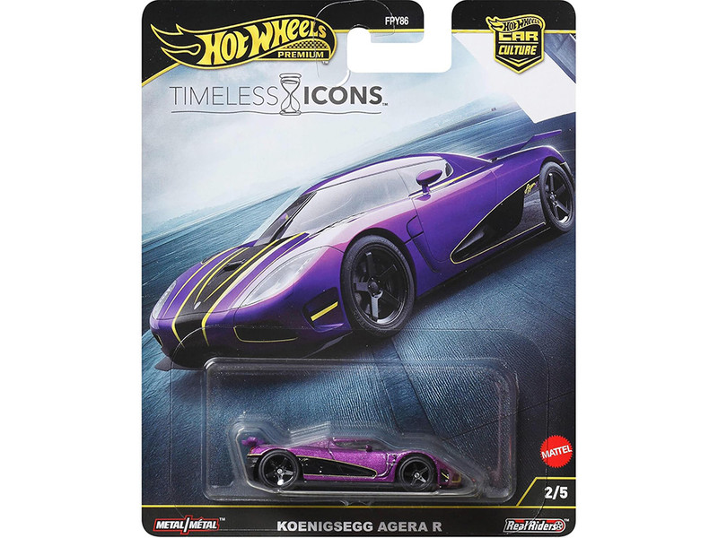 Koenigsegg Agera R Purple Metallic with Black and Yellow Stripes Timeless Icons Series Diecast Model Car Hot Wheels JBK93