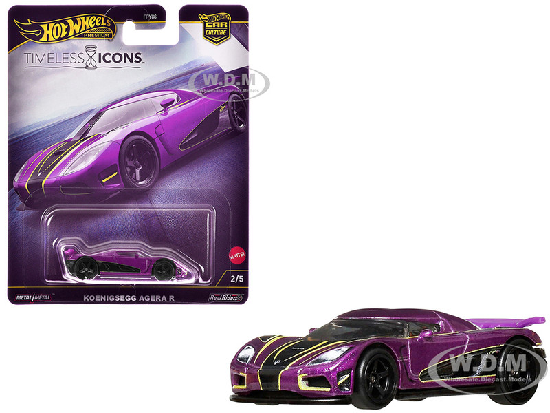 Koenigsegg Agera R Purple Metallic with Black and Yellow Stripes Timeless Icons Series Diecast Model Car Hot Wheels JBK93