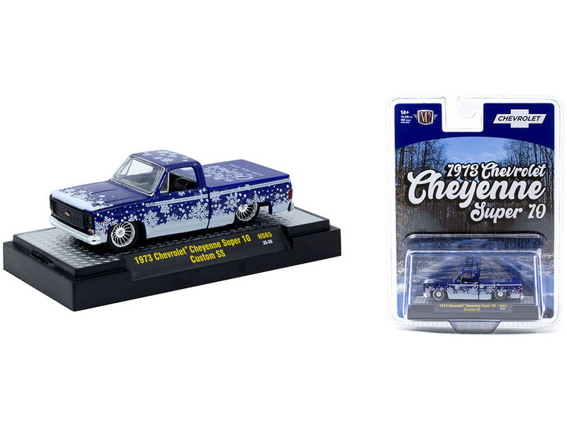 1973 Chevrolet Cheyenne Super 10 Pickup Truck Merry Christmas Happy New Year Blue Metallic with White Snow Graphics Limited Edition to 10428 pieces Worldwide 1/64 Diecast Model Car M2 Machines 31500-HS65