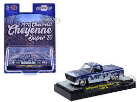 1973 Chevrolet Cheyenne Super 10 Pickup Truck Merry Christmas Happy New Year Blue Metallic with White Snow Graphics Limited Edition to 10428 pieces Worldwide 1/64 Diecast Model Car M2 Machines 31500-HS65