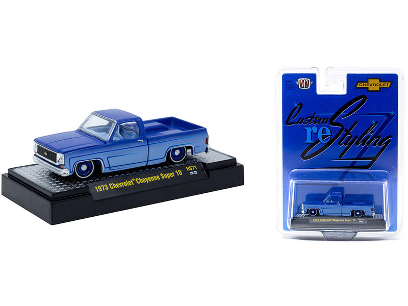 1973 Chevrolet Cheyenne Super 10 Pickup Truck Custom Re Styling Blue and Light Blue Two Tone with Blue Interior Limited Edition to 14058 pieces Worldwide 1/64 Diecast Model Car M2 Machines 31500-HS71