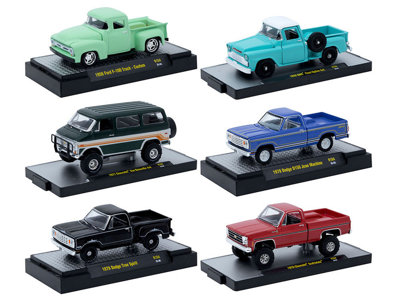 Auto Thentics 6 piece Set Release 104 IN DISPLAY CASES Limited Edition 1/64 Diecast Model Cars M2 Machines 32500-104