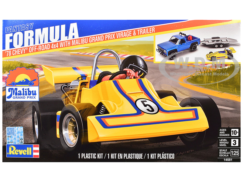 Level 3 Model Kit 1978 Chevrolet Off Road 4x4 Pickup Truck and Malibu Grand Prix Virage with Trailer Fantasy Formula 1/25 Scale Model Revell 14581