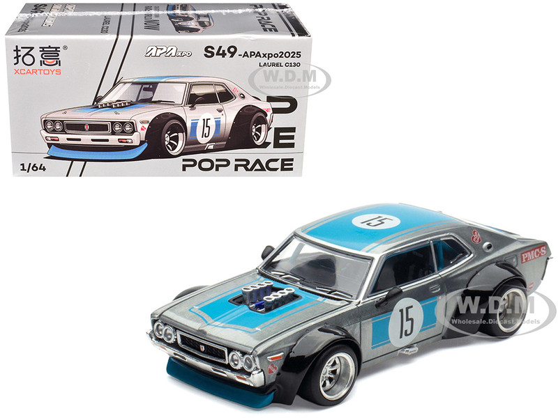 Datsun Laurel C130 RHD Right Hand Drive #15 Raw Metal with Blue Stripes APA XPO 2025 Exclusive 1/64 Diecast Model Car Pop Race PR640348