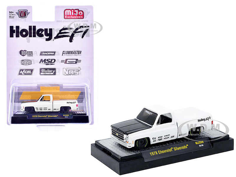 1978 Chevrolet Silverado Pickup Truck Holley EFI White with Black Hood Limited Edition to 10120 pieces Worldwide 1/64 Diecast Model Car M2 Machines 31500-MJS88