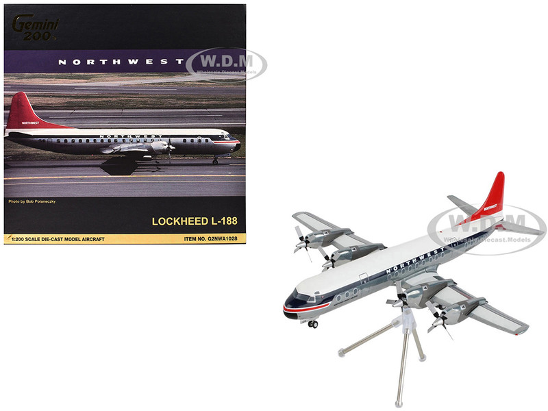 Lockheed L 188 Electra Commercial Aircraft Northwest Orient N128US White and Gray with Blue Stripes and Red Tail "Gemini 200" Series 1/200 Diecast Model Airplane GeminiJets G2NWA1028