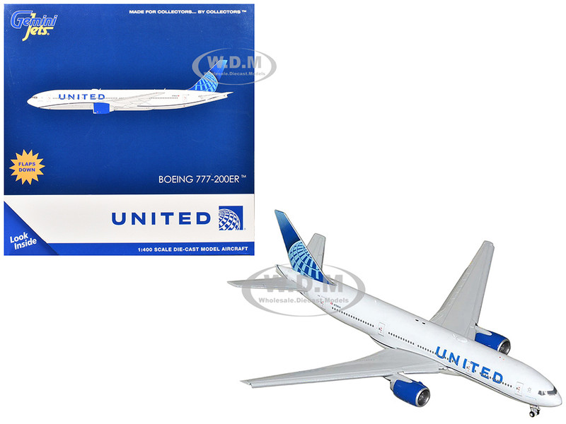 Boeing 777 200ER Commercial Aircraft with Flaps Down United Airlines N798UA White with Blue Tail 1/400 Diecast Model Airplane GeminiJets GJ2230F