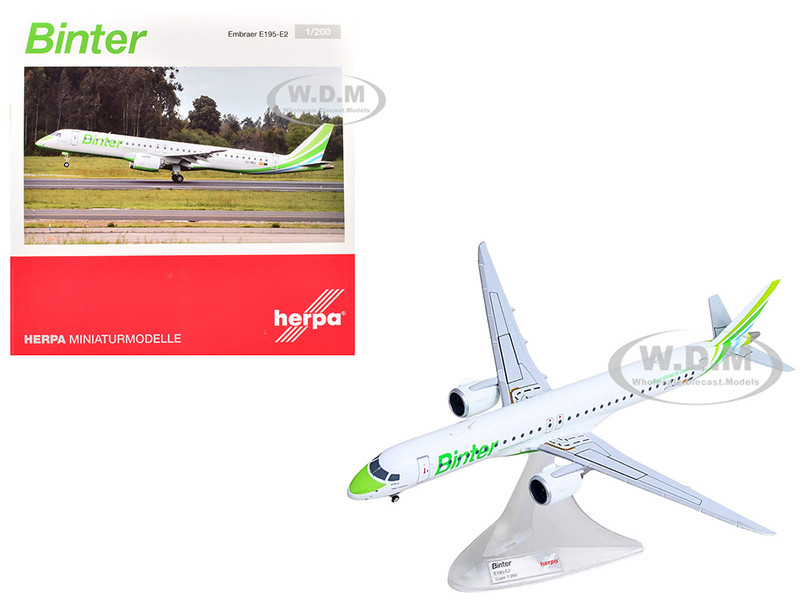 Embraer E195 E2 Commercial Aircraft Binter Canarias EC NEZ White with Green Striped Tail 1/200 Diecast Model Airplane Herpa HE573009