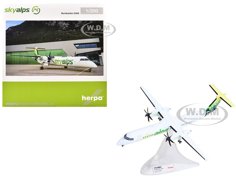 Bombardier Q400 Commercial Aircraft Sky Alps 9H PAUL White with Green Tail Graphics 1/200 Diecast Model Airplane Herpa HE573115