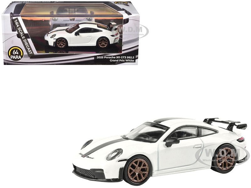2025 Porsche 911 GT3 992 2 Grand Prix White with Carbon Stripe 1/64 Diecast Model Car Paragon Models PA-55873