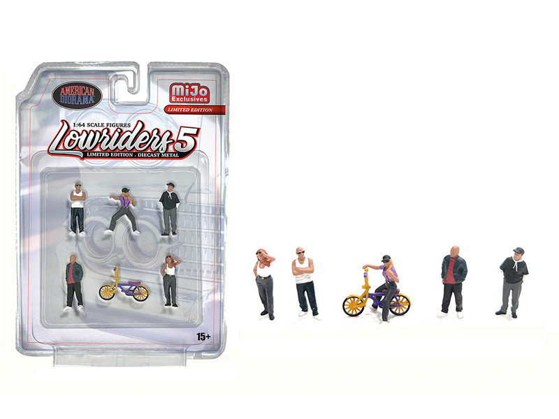 Lowriders #5 6 piece 5 People 1 Bicycle Diecast Figures Set 1/64 Scale Models American Diorama AD-2427MJ