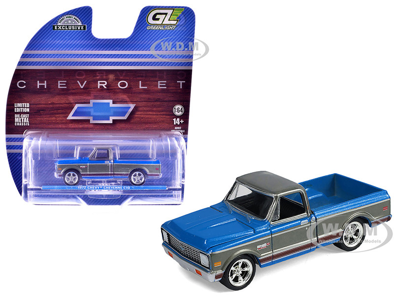 1972 Chevrolet Cheyenne C10 Short Bed Pickup Truck Electric Blue and Gunmetal Gray Metallic Hobby Exclusive Series 1/64 Diecast Model Car Greenlight GL30567