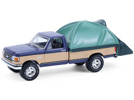 1987 Ford F 150 XLT Lariat Pickup Truck Dark Blue and Tan with Modern Truck Bed Tent The Great Outdoors Series 4 1/64 Diecast Model Car Greenlight 38080D